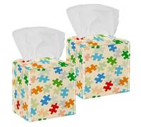 2PCS Square Tissue Box Cover, Puzzle Piece Leather Tissue Case Facial Paper Organizer Dispenser for Vanity Toilet Tank Dresser Night Stand Table Countertop Office Car