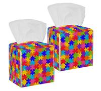 2PCS Square Tissue Box Cover, Puzzle Piece Rainbow Leather Tissue Case Facial Paper Organizer Dispenser for Vanity Toilet Tank Dresser Night Stand Table Countertop Office Car
