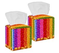 2PCS Square Tissue Box Cover, Rainbow Basketball Stripe Leather Tissue Case Facial Paper Organizer Dispenser for Vanity Dresser Night Stand Table Countertop Office Car