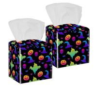 2PCS Square Tissue Box Cover, Rainbow Pumpkins Ghosts Happy Halloween Leather Tissue Case Facial Paper Organizer Dispenser for Vanity Toilet Tank Dresser Night Stand Table Countertop Office Car