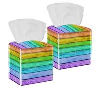 2PCS Square Tissue Box Cover, Rainbow Striped Board Leather Tissue Case Facial Paper Organizer Dispenser for Vanity Toilet Tank Dresser Night Stand Table Countertop Office Car