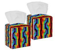 2PCS Square Tissue Box Cover, Rainbow Striped Hands Leather Tissue Case Facial Paper Organizer Dispenser for Vanity Toilet Tank Dresser Night Stand Table Countertop Office Car