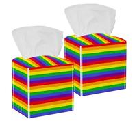 2PCS Square Tissue Box Cover, Rainbow Striped Leather Tissue Case Facial Paper Organizer Dispenser for Vanity Toilet Tank Dresser Night Stand Table Countertop Office Car
