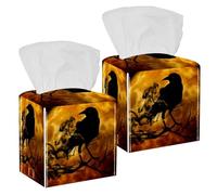 2PCS Square Tissue Box Cover, Raven Crow Night Creepy Darkness Leather Tissue Case Facial Paper Organizer Dispenser for Vanity Toilet Tank Dresser Night Stand Table Countertop Office Car