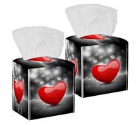 2PCS Square Tissue Box Cover, Red Heart Beat Leather Tissue Case Facial Paper Organizer Dispenser for Vanity Toilet Tank Dresser Night Stand Table Countertop Office Car