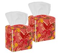 2PCS Square Tissue Box Cover, Red Phoenix and Flowers Leather Tissue Case Facial Paper Organizer Dispenser for Vanity Toilet Tank Dresser Night Stand Table Countertop Office Car