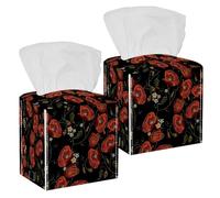 2PCS Square Tissue Box Cover, Red Poppies Beautiful Flowers Pattern Leather Tissue Case Facial Paper Organizer Dispenser for Vanity Toilet Tank Dresser Night Stand Table Countertop Office Car