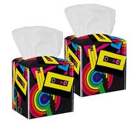 2PCS Square Tissue Box Cover, Retro Audio Cassette Tapes Rainbow Leather Tissue Case Facial Paper Organizer Dispenser for Vanity Toilet Tank Dresser Night Stand Table Countertop Office Car