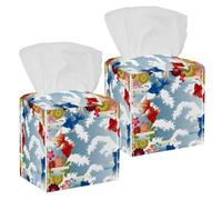 2PCS Square Tissue Box Cover, Retro Japanese Fish Flowers Pattern Leather Tissue Case Facial Paper Organizer Dispenser for Vanity Toilet Tank Dresser Night Stand Table Countertop Office Car