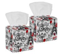 2PCS Square Tissue Box Cover, Romantic Paris Eiffel Tower Magnolia Blossom Pattern Leather Tissue Case Facial Paper Organizer Dispenser for Vanity Toilet Tank Dresser Night Stand Table Countertop