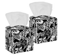 2PCS Square Tissue Box Cover, Rose Daisy Black White Leather Tissue Case Facial Paper Organizer Dispenser for Vanity Toilet Tank Dresser Night Stand Table Countertop Office Car