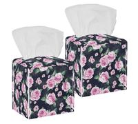 2PCS Square Tissue Box Cover, Rose Daisy Floral Pink Leather Tissue Case Facial Paper Organizer Dispenser for Vanity Toilet Tank Dresser Night Stand Table Countertop Office Car