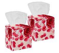 2PCS Square Tissue Box Cover, Roses Petal Leather Tissue Case Facial Paper Organizer Dispenser for Vanity Toilet Tank Dresser Night Stand Table Countertop Office Car