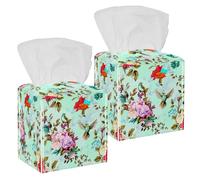 2PCS Square Tissue Box Cover, Roses Poppy Birds Flowers Leather Tissue Case Facial Paper Organizer Dispenser for Vanity Toilet Tank Dresser Night Stand Table Countertop Office Car