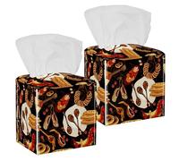 2PCS Square Tissue Box Cover, Russian Doll Cuisine Food Pattern Leather Tissue Case Facial Paper Organizer Dispenser for Vanity Toilet Tank Dresser Night Stand Table Countertop Office Car