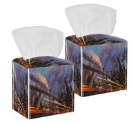 2PCS Square Tissue Box Cover, Sci-fi Scenery of Futuristic City Buildings Painting Leather Tissue Case Facial Paper Organizer Dispenser for Vanity Toilet Tank Dresser Night Stand Table Countertop