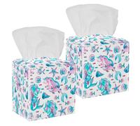 2PCS Square Tissue Box Cover, Sea Shells Horse Unicorn Mermaid Corals Fish Pattern Leather Tissue Case Facial Paper Organizer Dispenser for Vanity Toilet Tank Dresser Night Stand Table Countertop