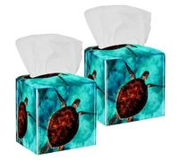 2PCS Square Tissue Box Cover, Sea Turtle Swimming Leather Tissue Case Facial Paper Organizer Dispenser for Vanity Toilet Tank Dresser Night Stand Table Countertop Office Car