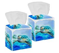2PCS Square Tissue Box Cover, Sea Turtle Swimming Summer Leather Tissue Case Facial Paper Organizer Dispenser for Vanity Toilet Tank Dresser Night Stand Table Countertop Office Car