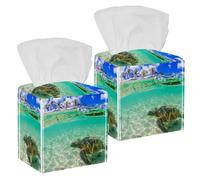 2PCS Square Tissue Box Cover, Sea Turtle Under Water Leather Tissue Case Facial Paper Organizer Dispenser for Vanity Toilet Tank Dresser Night Stand Table Countertop Office Car