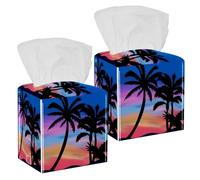2PCS Square Tissue Box Cover, Seaside Beach Sunset Palm Tree Leather Tissue Case Facial Paper Organizer Dispenser for Vanity Toilet Tank Dresser Night Stand Table Countertop Office Car