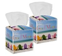 2PCS Square Tissue Box Cover, Seaside Chairs Leather Tissue Case Facial Paper Organizer Dispenser for Vanity Toilet Tank Dresser Night Stand Table Countertop Office Car