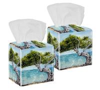 2PCS Square Tissue Box Cover, Seaside Divi Tree Leather Tissue Case Facial Paper Organizer Dispenser for Vanity Toilet Tank Dresser Night Stand Table Countertop Office Car