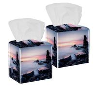 2PCS Square Tissue Box Cover, Seaside Sunset Stone Leather Tissue Case Facial Paper Organizer Dispenser for Vanity Toilet Tank Dresser Night Stand Table Countertop Office Car