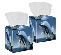 2PCS Square Tissue Box Cover, Shark on Sea Leather Tissue Case Facial Paper Organizer Dispenser for Vanity Toilet Tank Dresser Night Stand Table Countertop Office Car