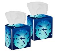2PCS Square Tissue Box Cover, Shark Swims Under The Aperture Leather Tissue Case Facial Paper Organizer Dispenser for Vanity Toilet Tank Dresser Night Stand Table Countertop Office Car