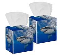 2PCS Square Tissue Box Cover, Shark Under The Sea Leather Tissue Case Facial Paper Organizer Dispenser for Vanity Toilet Tank Dresser Night Stand Table Countertop Office Car