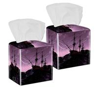 2PCS Square Tissue Box Cover, Ship Sailing Vessel Old Pirate Ship Leather Tissue Case Facial Paper Organizer Dispenser for Vanity Toilet Tank Dresser Night Stand Table Countertop Office Car