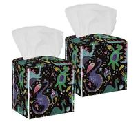 2PCS Square Tissue Box Cover, Sketch Cute Jurassic Reptiles Dinosaurs Pattern Leather Tissue Case Facial Paper Organizer Dispenser for Vanity Toilet Tank Dresser Night Stand Table Countertop Office