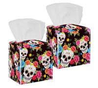 2PCS Square Tissue Box Cover, Skull Background Leather Tissue Case Facial Paper Organizer Dispenser for Vanity Toilet Tank Dresser Night Stand Table Countertop Office Car