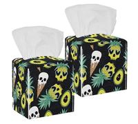 2PCS Square Tissue Box Cover, Skull Pineapple Ice Cream Avocado Leather Tissue Case Facial Paper Organizer Dispenser for Vanity Toilet Tank Dresser Night Stand Table Countertop Office Car