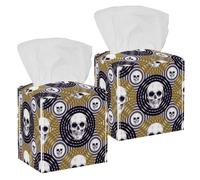 2PCS Square Tissue Box Cover, Skulls Geometric Swirl Seamless Pattern Leather Tissue Case Facial Paper Organizer Dispenser for Vanity Toilet Tank Dresser Night Stand Table Countertop Office Car