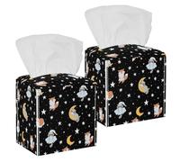 2PCS Square Tissue Box Cover, Sleeping Raccoon Fox Animals and Stars Pattern Leather Tissue Case Facial Paper Organizer Dispenser for Vanity Toilet Tank Dresser Night Stand Table Countertop Office