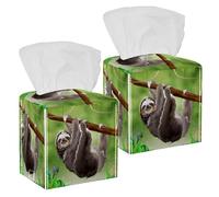 2PCS Square Tissue Box Cover, Sloth in Jungle Rainforest Leather Tissue Case Facial Paper Organizer Dispenser for Vanity Toilet Tank Dresser Night Stand Table Countertop Office Car