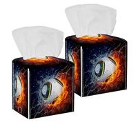 2PCS Square Tissue Box Cover, Soccer Ball Fire Ice Leather Tissue Case Facial Paper Organizer Dispenser for Vanity Toilet Tank Dresser Night Stand Table Countertop Office Car