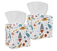 2PCS Square Tissue Box Cover, Space Cartoon Rockets Planets Stars Comets UFO Pattern Leather Tissue Case Facial Paper Organizer Dispenser for Vanity Toilet Tank Dresser Night Stand Table Countertop
