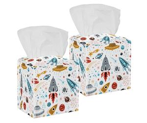 2PCS Square Tissue Box Cover, Space Cartoon Rockets Planets Stars Comets UFO Pattern Leather Tissue Case Facial Paper Organizer Dispenser for Vanity Toilet Tank Dresser Night Stand Table Countertop