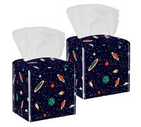 2PCS Square Tissue Box Cover, Space Planets Orbits Rockets Satellite Flying Saucer Stars Cosmos Leather Tissue Case Facial Paper Organizer Dispenser for Vanity Dresser Night Stand Table Countertop