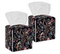 2PCS Square Tissue Box Cover, Spring Flowering Tree Birds Flowers Pattern Leather Tissue Case Facial Paper Organizer Dispenser for Vanity Toilet Tank Dresser Night Stand Table Countertop Office Car