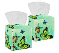 2PCS Square Tissue Box Cover, Spring Green Watercolor Butterflies Background Leather Tissue Case Facial Paper Organizer Dispenser for Vanity Toilet Tank Dresser Night Stand Table Countertop Office