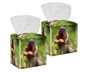 2PCS Square Tissue Box Cover, Squirrel Bit The Peanuts Leather Tissue Case Facial Paper Organizer Dispenser for Vanity Toilet Tank Dresser Night Stand Table Countertop Office Car