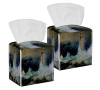 2PCS Square Tissue Box Cover, Stormy Waters Leather Tissue Case Facial Paper Organizer Dispenser for Vanity Toilet Tank Dresser Night Stand Table Countertop Office Car