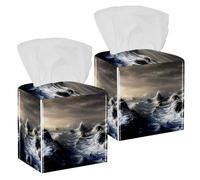 2PCS Square Tissue Box Cover, Stormy Waters Leather Tissue Case Facial Paper Organizer Dispenser for Vanity Toilet Tank Dresser Night Stand Table Countertop Office Car