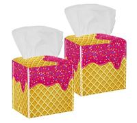 2PCS Square Tissue Box Cover, Strawberry Ice Cream Melted and Topping on Waffle Pattern Leather Tissue Case Facial Paper Organizer Dispenser for Vanity Dresser Night Stand Table Countertop