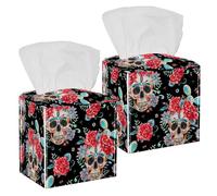 2PCS Square Tissue Box Cover, Suger Skull Rose Red Cactus Pattern Leather Tissue Case Facial Paper Organizer Dispenser for Vanity Toilet Tank Dresser Night Stand Table Countertop Office Car