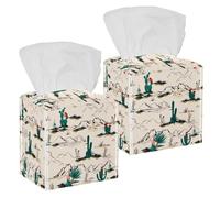 2PCS Square Tissue Box Cover, Summer Cactus Desert Blooming Succulents Flower Illustration Leather Tissue Case Facial Paper Organizer Dispenser for Vanity Dresser Night Stand Table Countertop